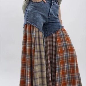 Blue Velvet Small 6/8 Patchwork Plaid Denim Frayed Wide Leg Flowy Boho Jeans